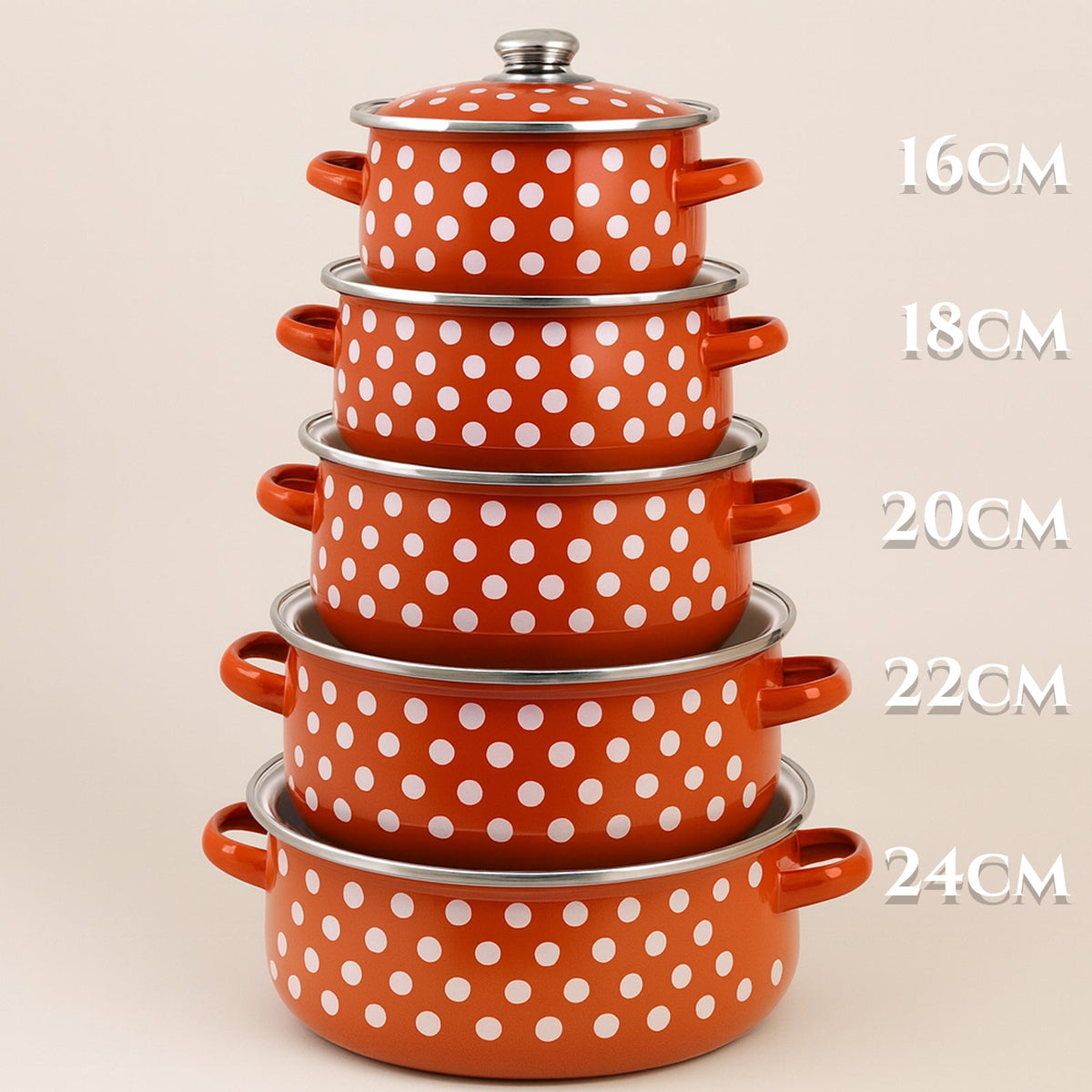 Retro rinkinys emaliuotų puodų 5 dalių (16–24 cm)