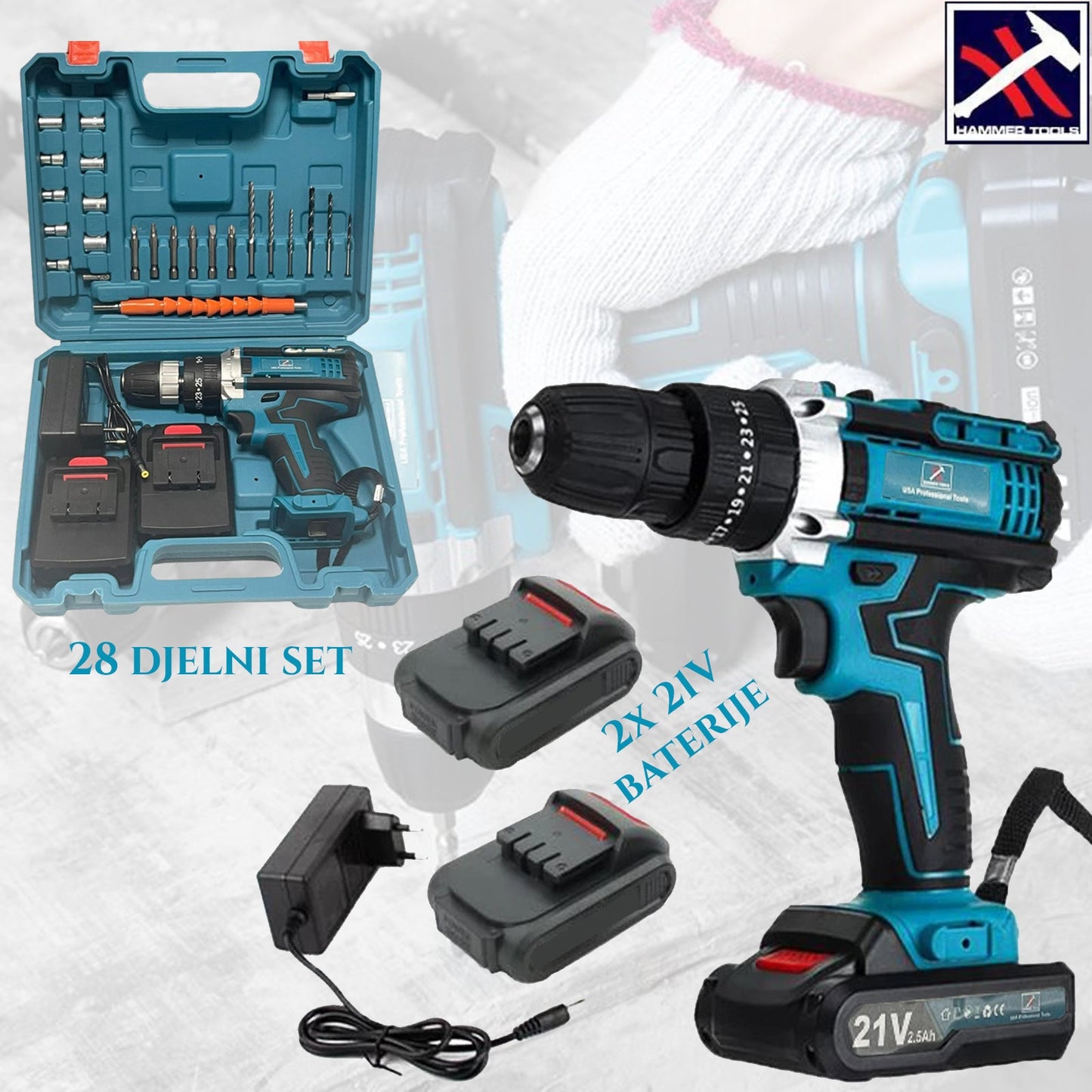 AKUMULIATORINIS GRĘŽTUVAS 21V (28 VNT. RINKINYS) SU 2 BATERIJOMIS HAMMER TOOLS