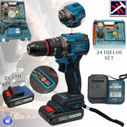 SMŪGINIS GRĘŽTUVAS 42V SU 24 DALIŲ RINKINIU HAMMER TOOLS