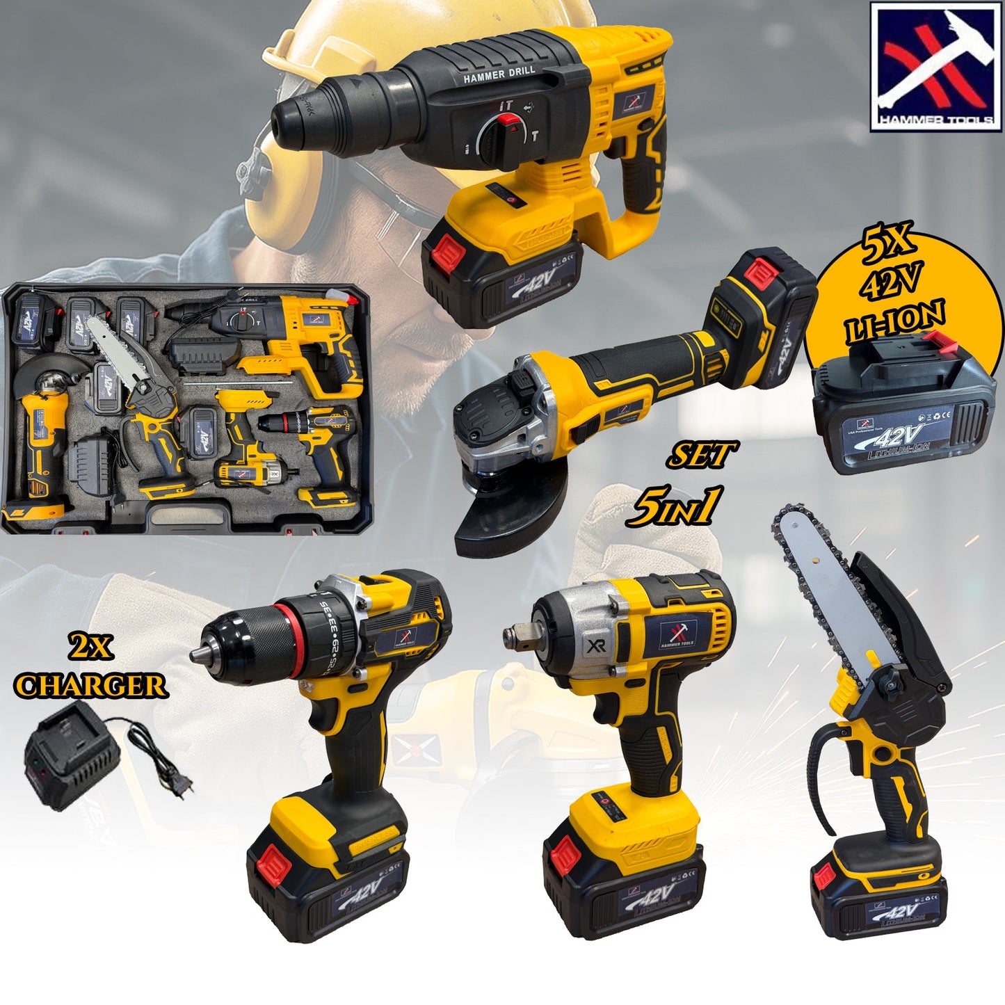 HAMMER TOOLS 5in1 rinkinys – 5 baterijos 42V