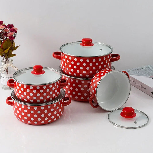Retro rinkinys emaliuotų puodų 5 dalių (16–24 cm)