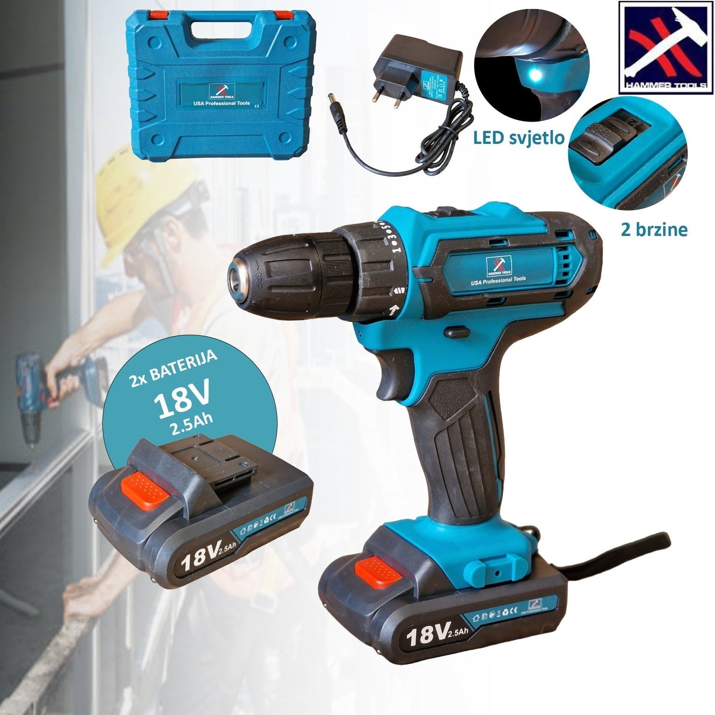AKUMULIATORINIS GRĘŽTUVAS HAMMER TOOLS 18V SU 2 BATERIJOMIS