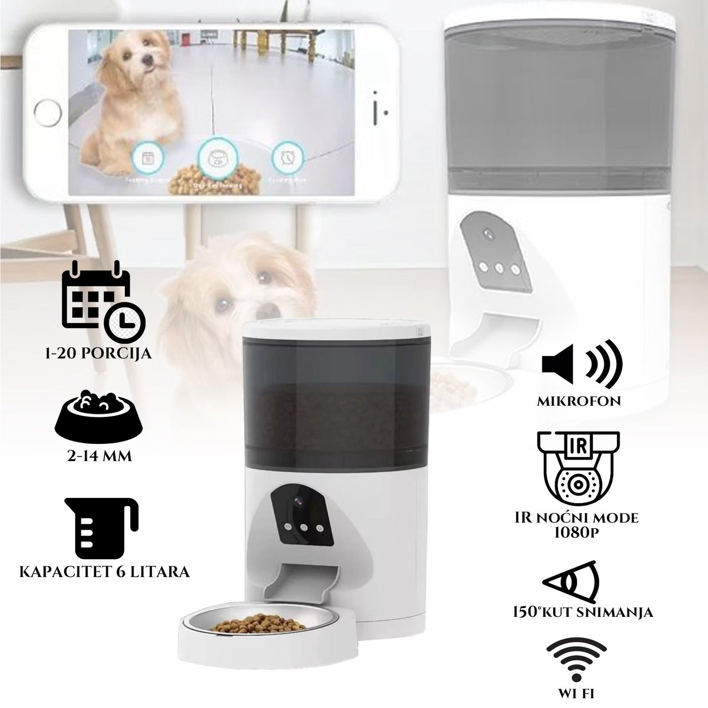 IŠMANIOJI WIFI PAŠARINĖ 6L GYVŪNAMS SU KAMERA, MIKROFONU IR VALDYMO PROGRAMĖLE
