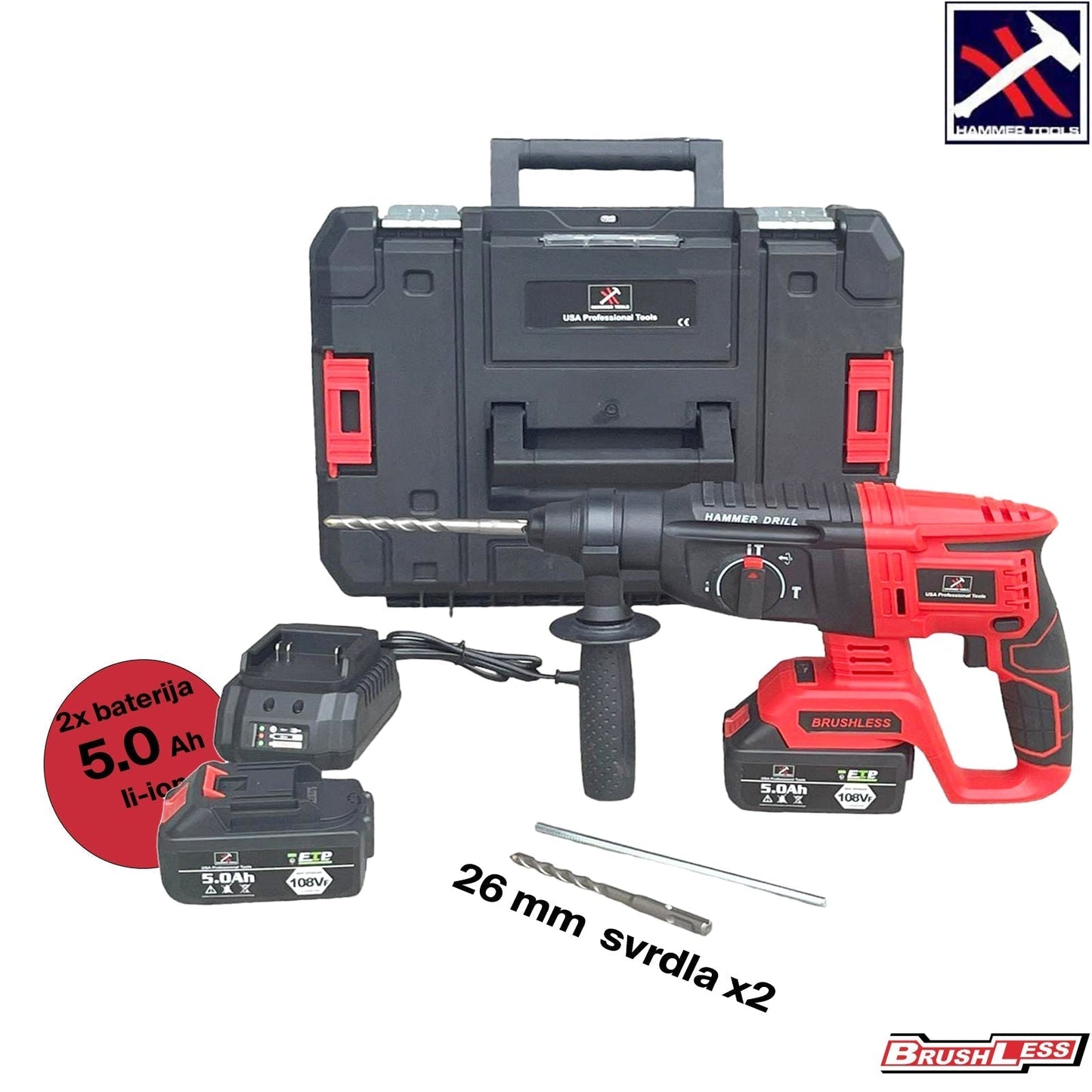 AKUMULIATORINIS SMŪGINIS GRĘŽTUVAS 2x5.0Ah Li-ION AKUMULIATORIAI 26mm SU ANTGALIAIS HAMMER TOOLS