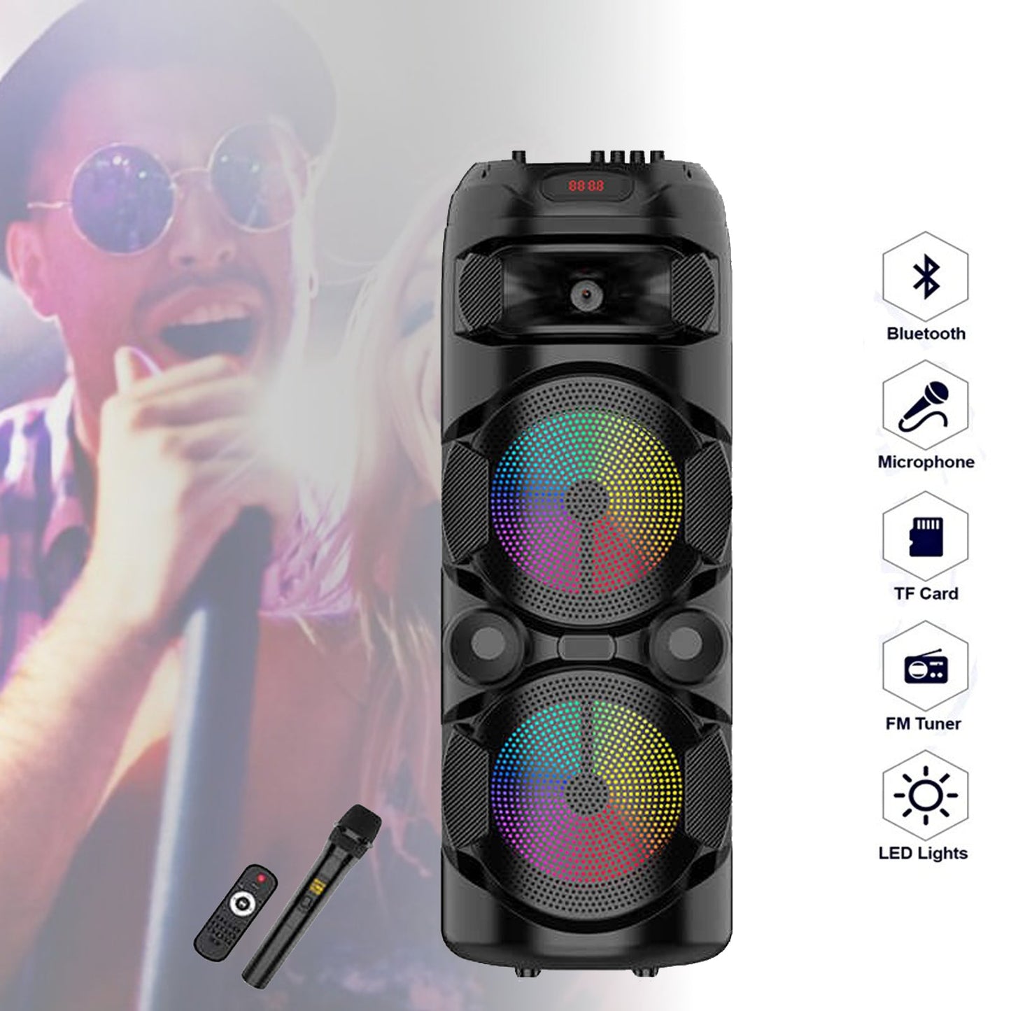 DVIEJŲ 8 COLIŲ „BLUETOOTH“ GARSIAKALBIS SU BELAIDŽIU MIKROFONU