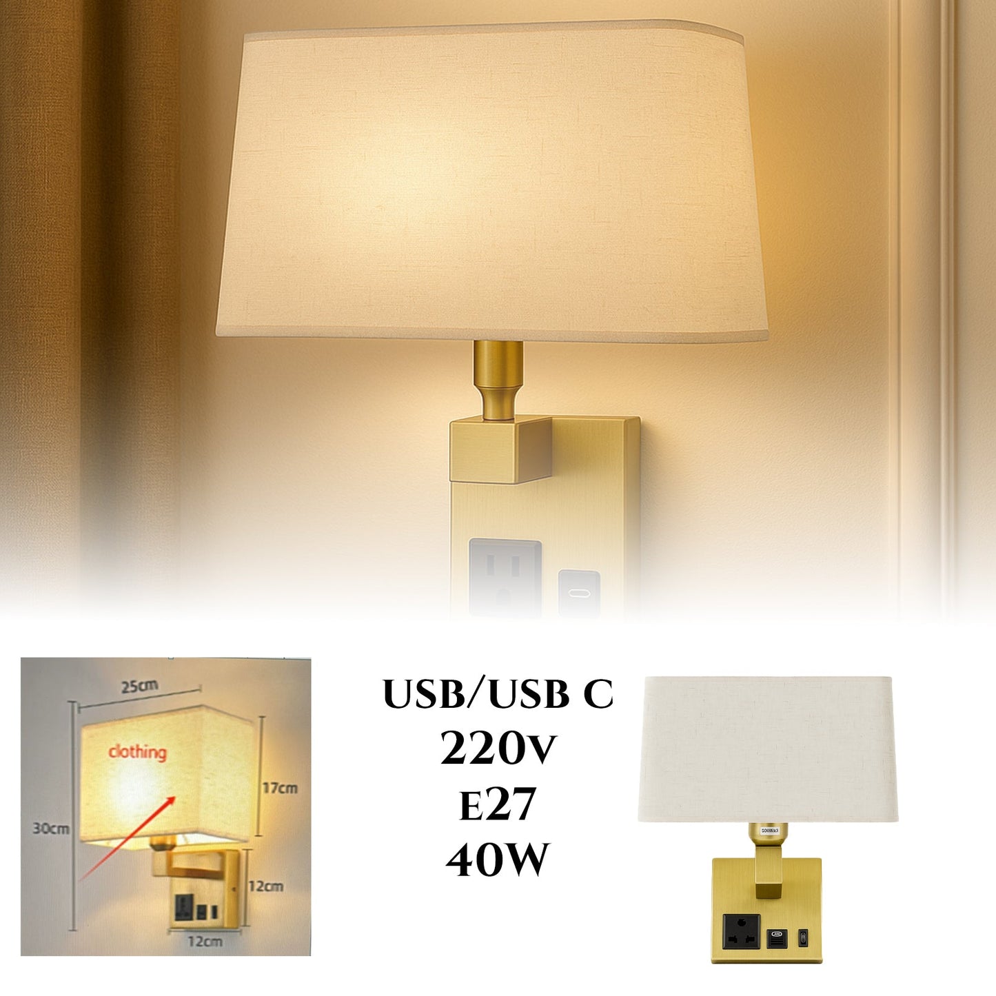 Sieninis šviestuvas su integruotu USB/USB-C įkrovimu + lizdas