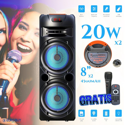 DIDELIS GARSIAKALBIS 4500mah 8'' X2 SU NEMOKAMU BEVIELIU MIKROFONU IR NUOTOLINIO VALDYMO PULTELIU