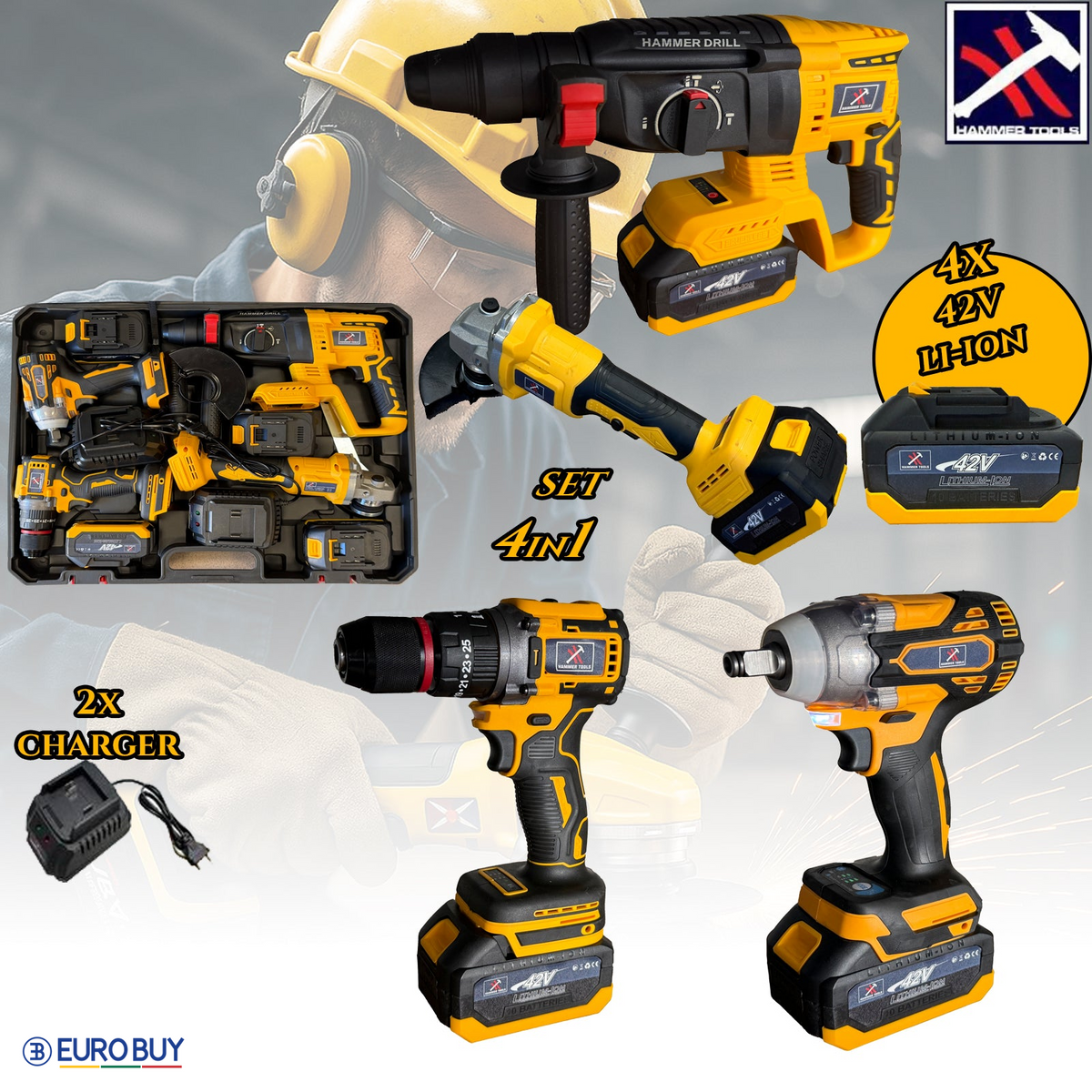 HAMMER TOOLS 4u1 Set - 4x42V Li-Ion