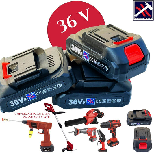 UNIVERSALUS 36V HAMMER TOLLS AKUMULIATORIUS AKUMULIATORINIAMS GRĘŽTUVAMS, ŠLIFUOKLIAMS, ŽOLIAPJOVĖMS, PJŪKLAMS, MINI Plovimo įrenginiams, DĖLIONĖMS, LAPŲ PŪTIKLIAMS IR KT.