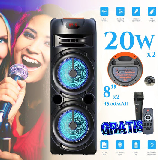 DIDELIS GARSIAKALBIS 4500mAh 8'' X2 SU NEMOKAMU BELAIDŽIU MIKROFONU IR NUOTOLINIO VALDYMO PULTU